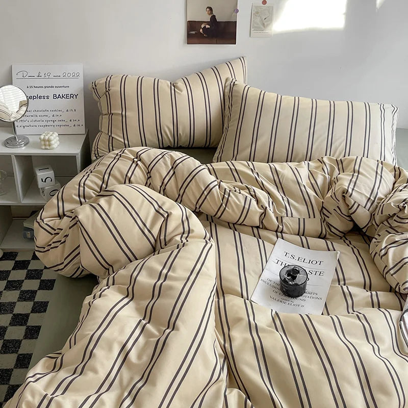 Stripe Bedding Comforter Set with Pillowcase Linen Duvet Cover Set