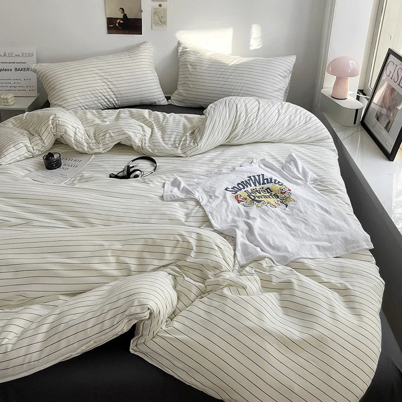 Stripe Bedding Comforter Set with Pillowcase Linen Duvet Cover Set