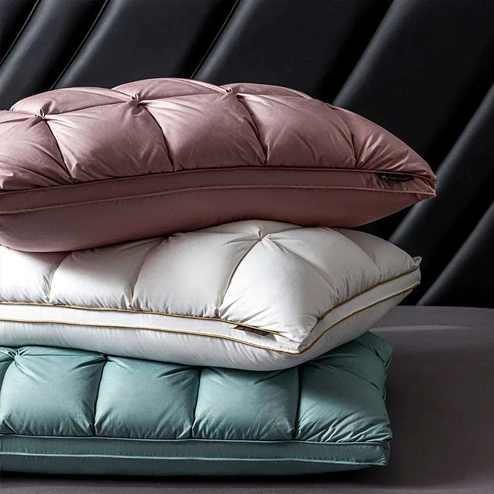 3D Bread Goose Down Pillow – Pinch Pleat Ergonomic Sleep Pillow with Silk Cover