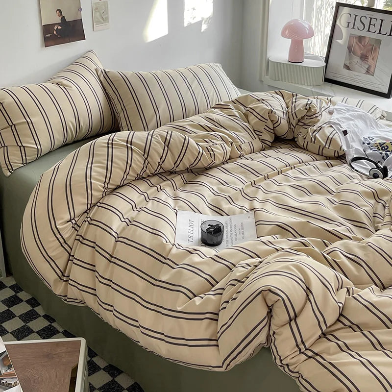 Stripe Bedding Comforter Set with Pillowcase Linen Duvet Cover Set