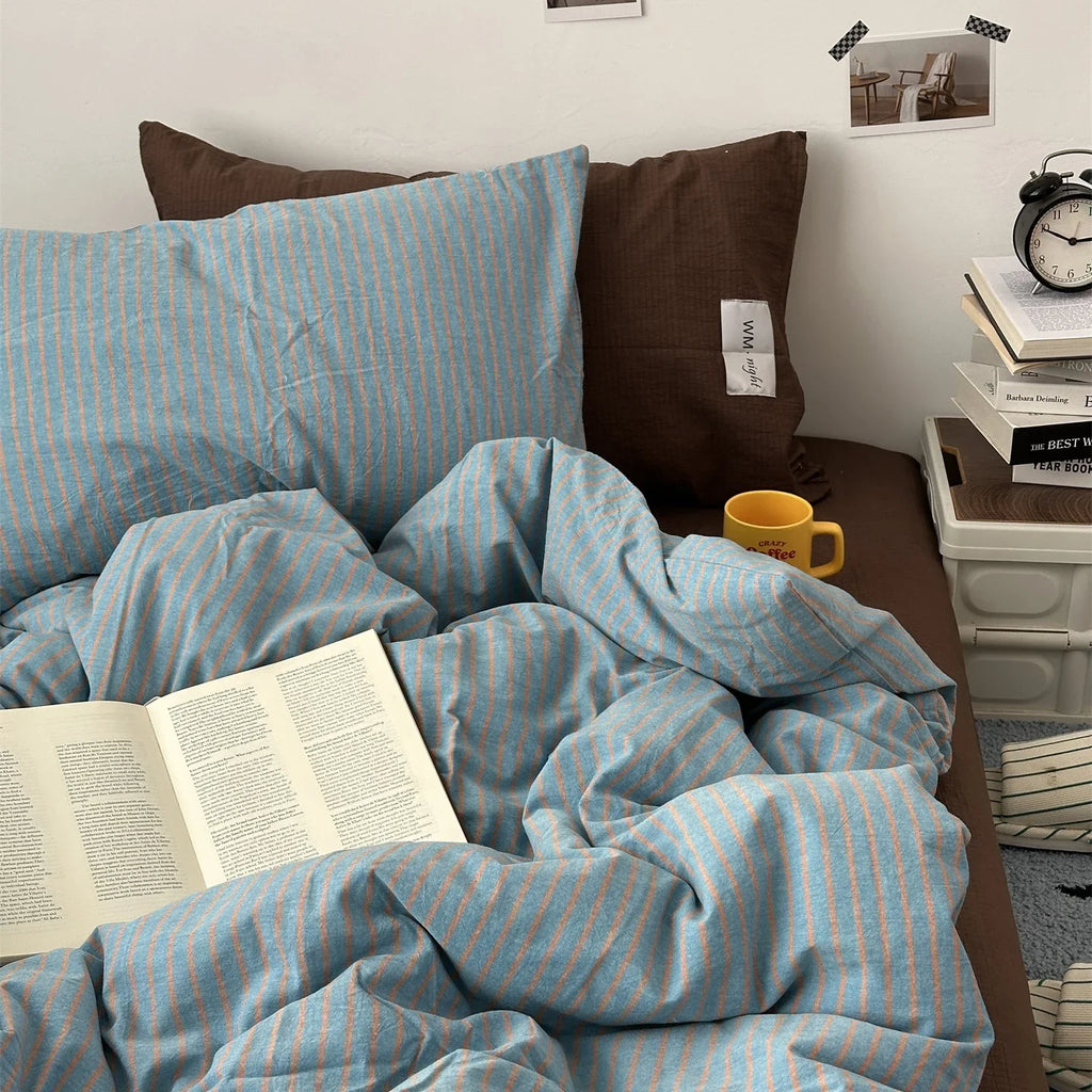 Stripe Bedding Comforter Set with Pillowcase Linen Duvet Cover Set