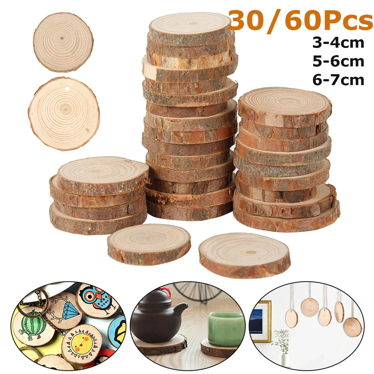 30/60Pcs Wood Slices With Tree Bark Natural Pine Round Unfinished Wood Slices