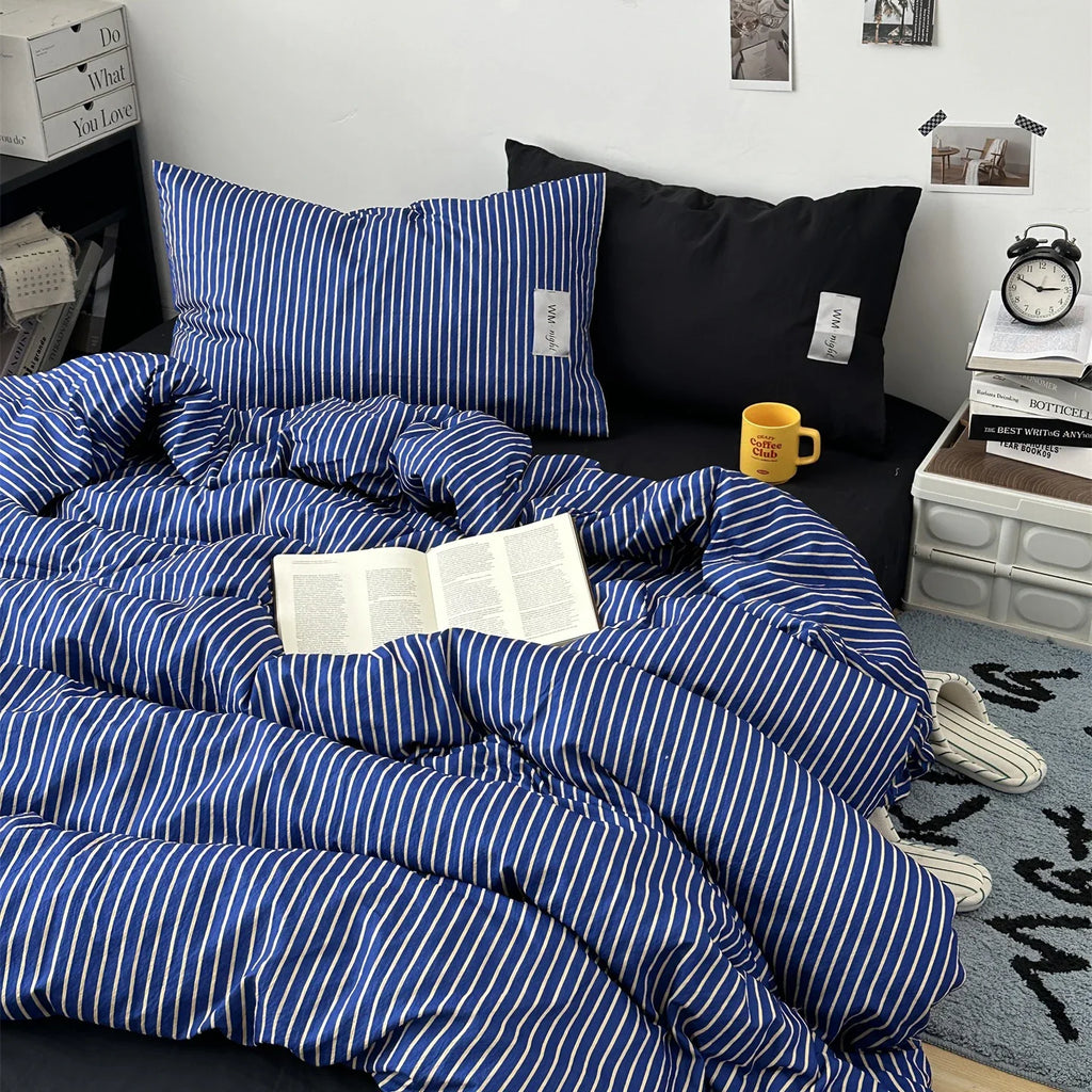 Stripe Bedding Comforter Set with Pillowcase Linen Duvet Cover Set