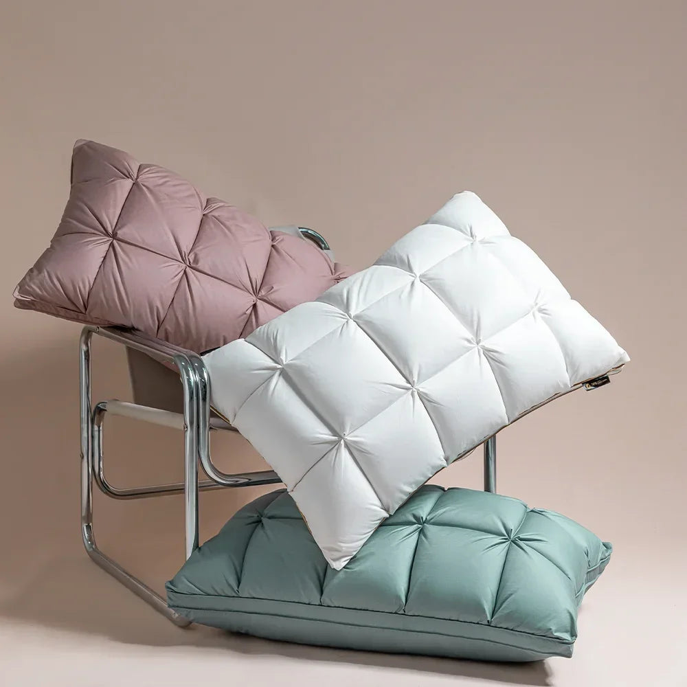 3D Bread Goose Down Pillow – Pinch Pleat Ergonomic Sleep Pillow with Silk Cover
