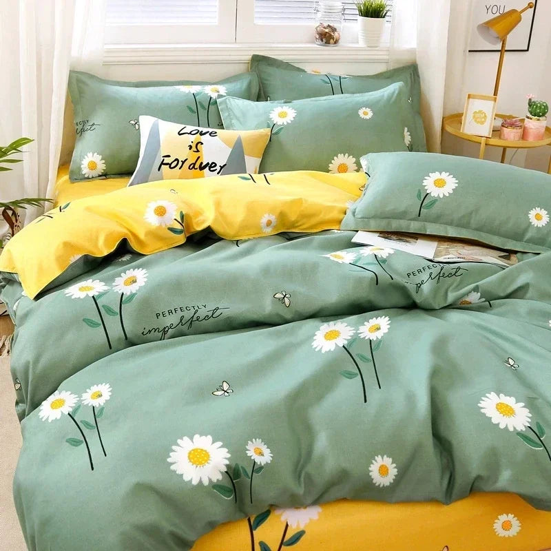 Daisy Printed King Size Duvet Cover Set with Sheets High Quality Washed Cotton Bedding Set