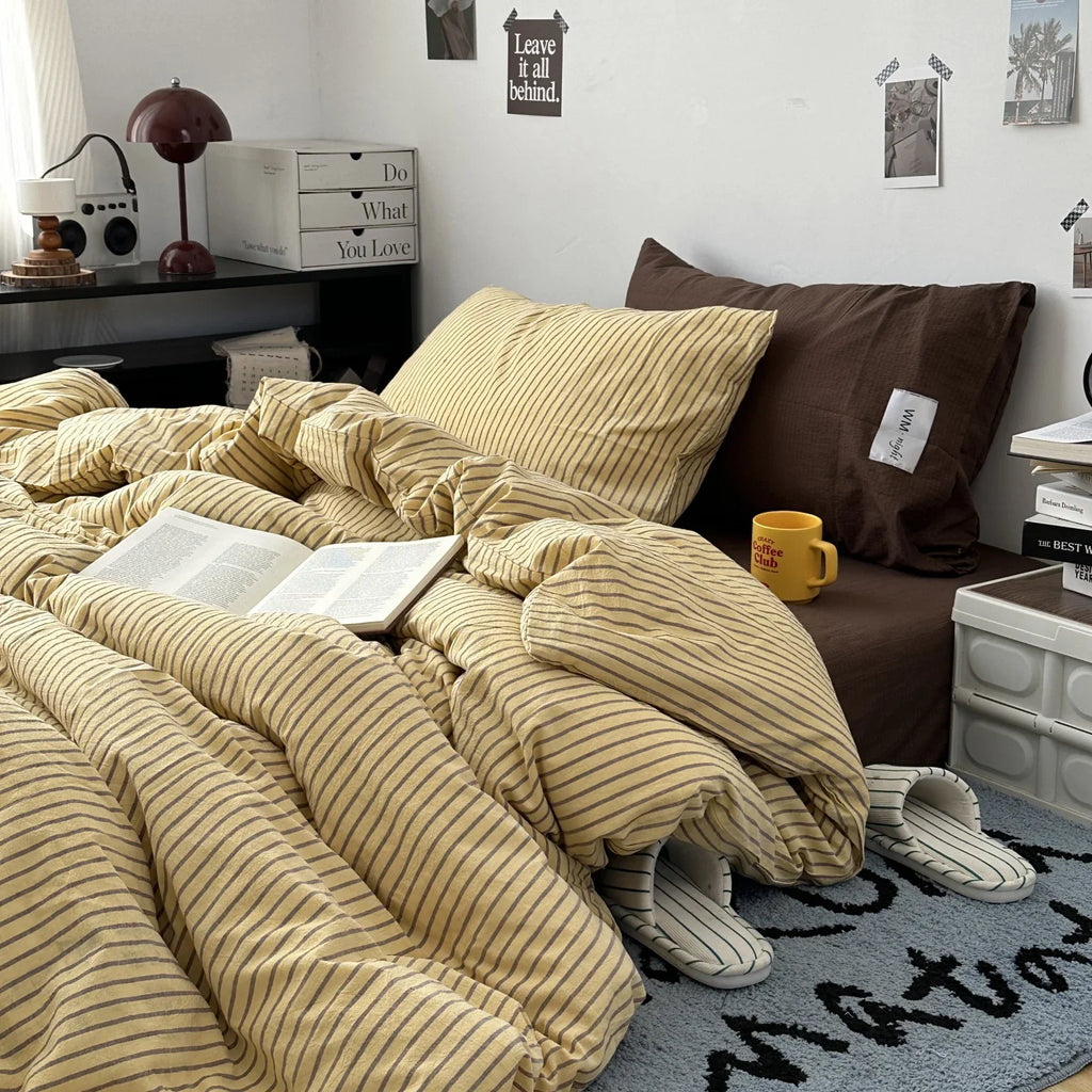 Stripe Bedding Comforter Set with Pillowcase Linen Duvet Cover Set