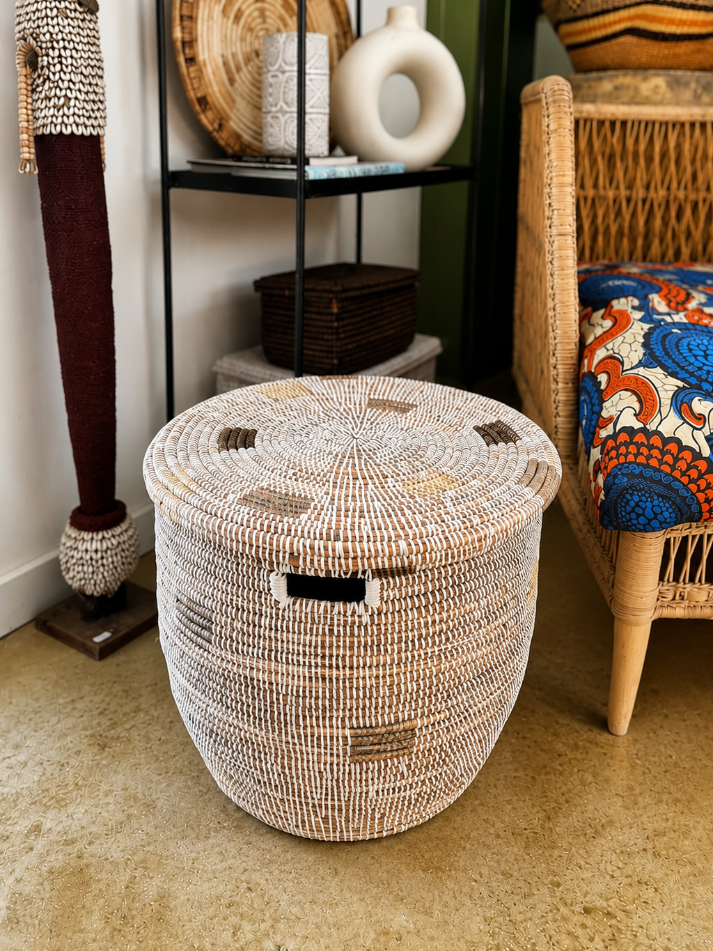 Minimalist White Round Basket with Gray Squares