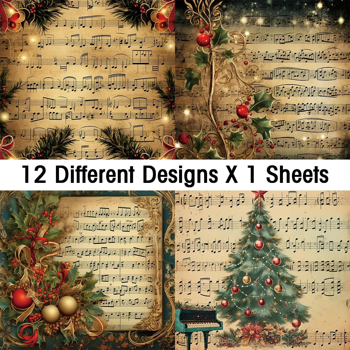 Vintage Christmas Sheet Music Scrapbook Paper Set | 12 Sheets of Decorative Decoupage
