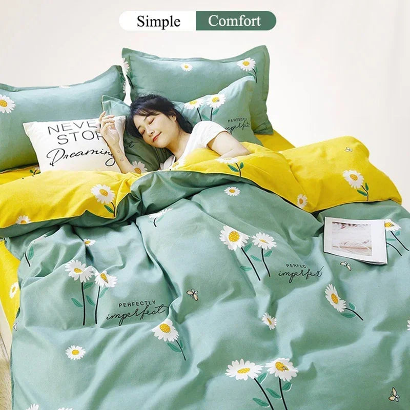 Daisy Printed King Size Duvet Cover Set with Sheets High Quality Washed Cotton Bedding Set