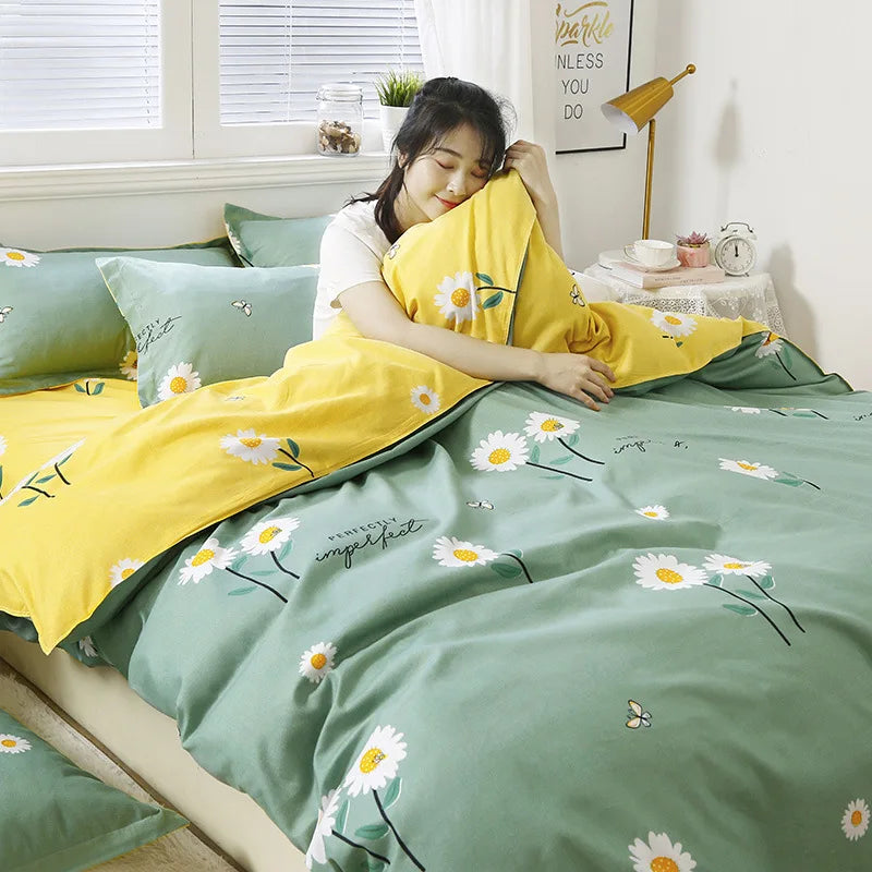Daisy Printed King Size Duvet Cover Set with Sheets High Quality Washed Cotton Bedding Set