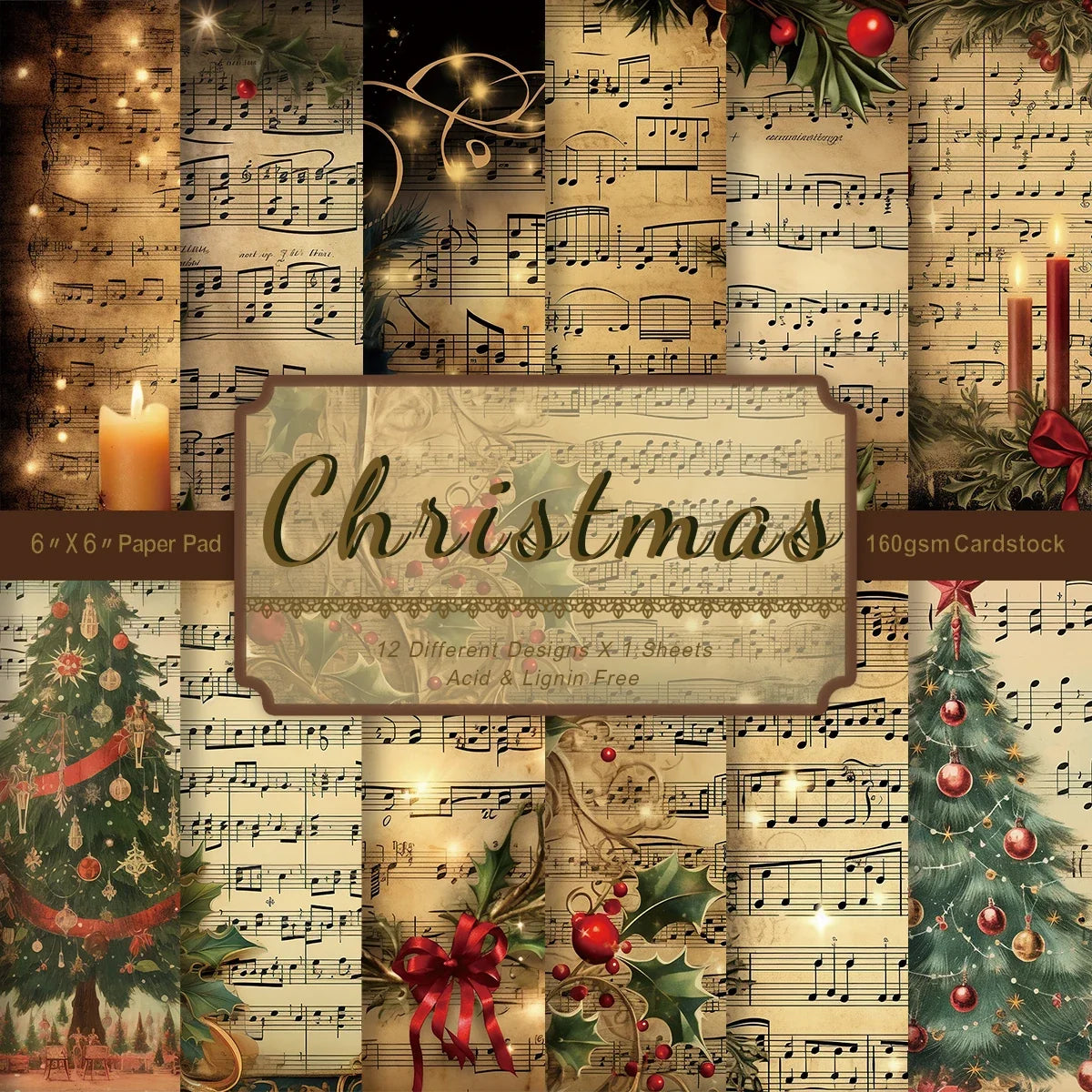 Vintage Christmas Sheet Music Scrapbook Paper Set | 12 Sheets of Decorative Decoupage