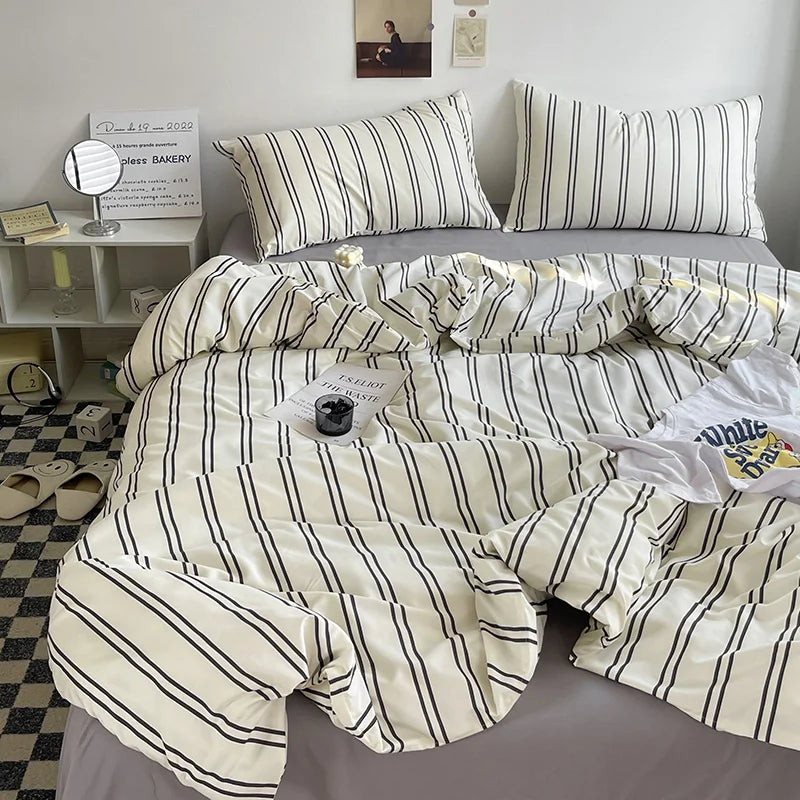 Stripe Bedding Comforter Set with Pillowcase Linen Duvet Cover Set