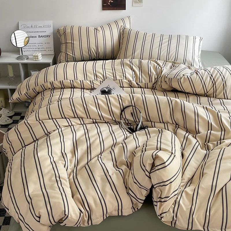 Stripe Bedding Comforter Set with Pillowcase Linen Duvet Cover Set