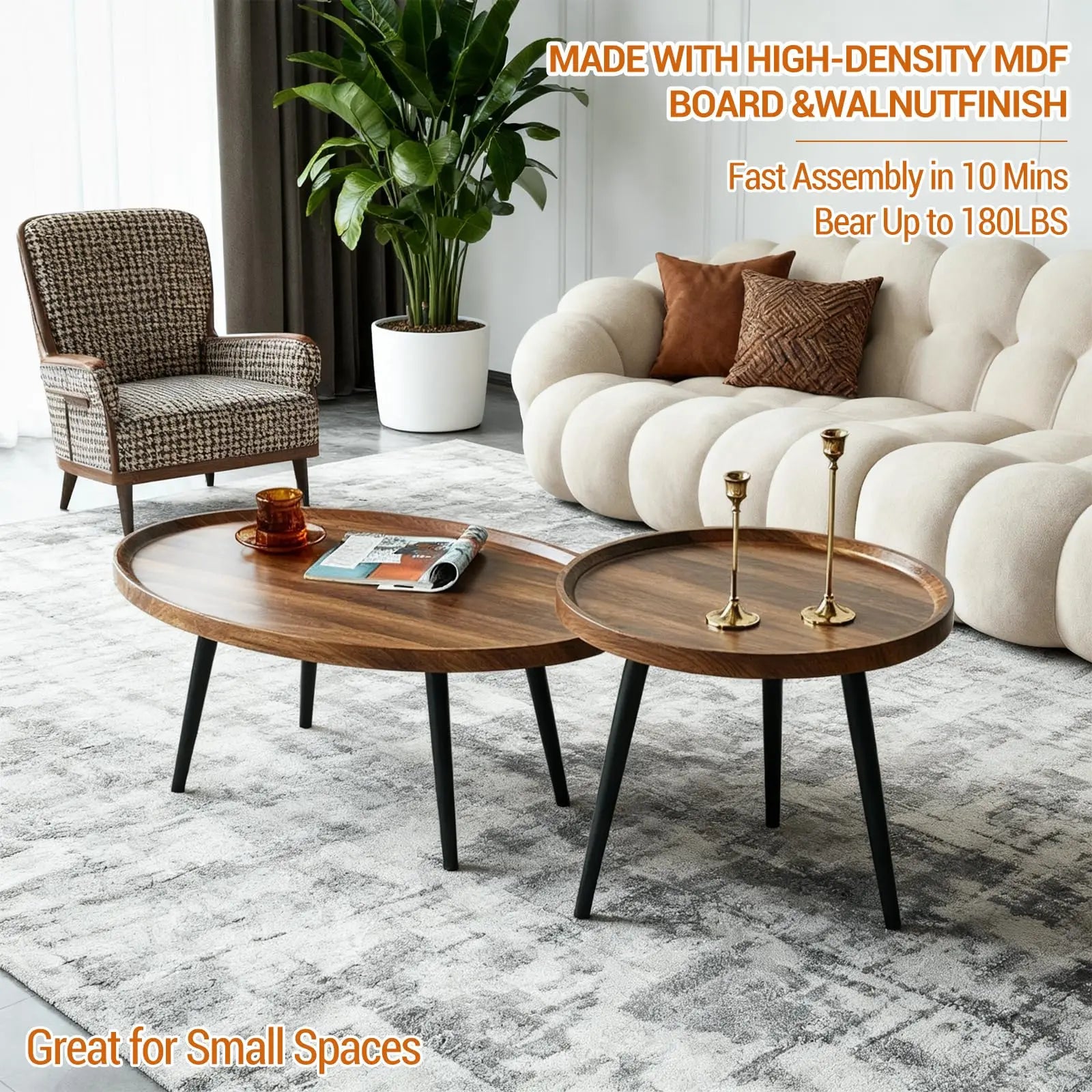 Nesting Coffee Table Set of 2 Mid Century Modern Walnut End Tables
