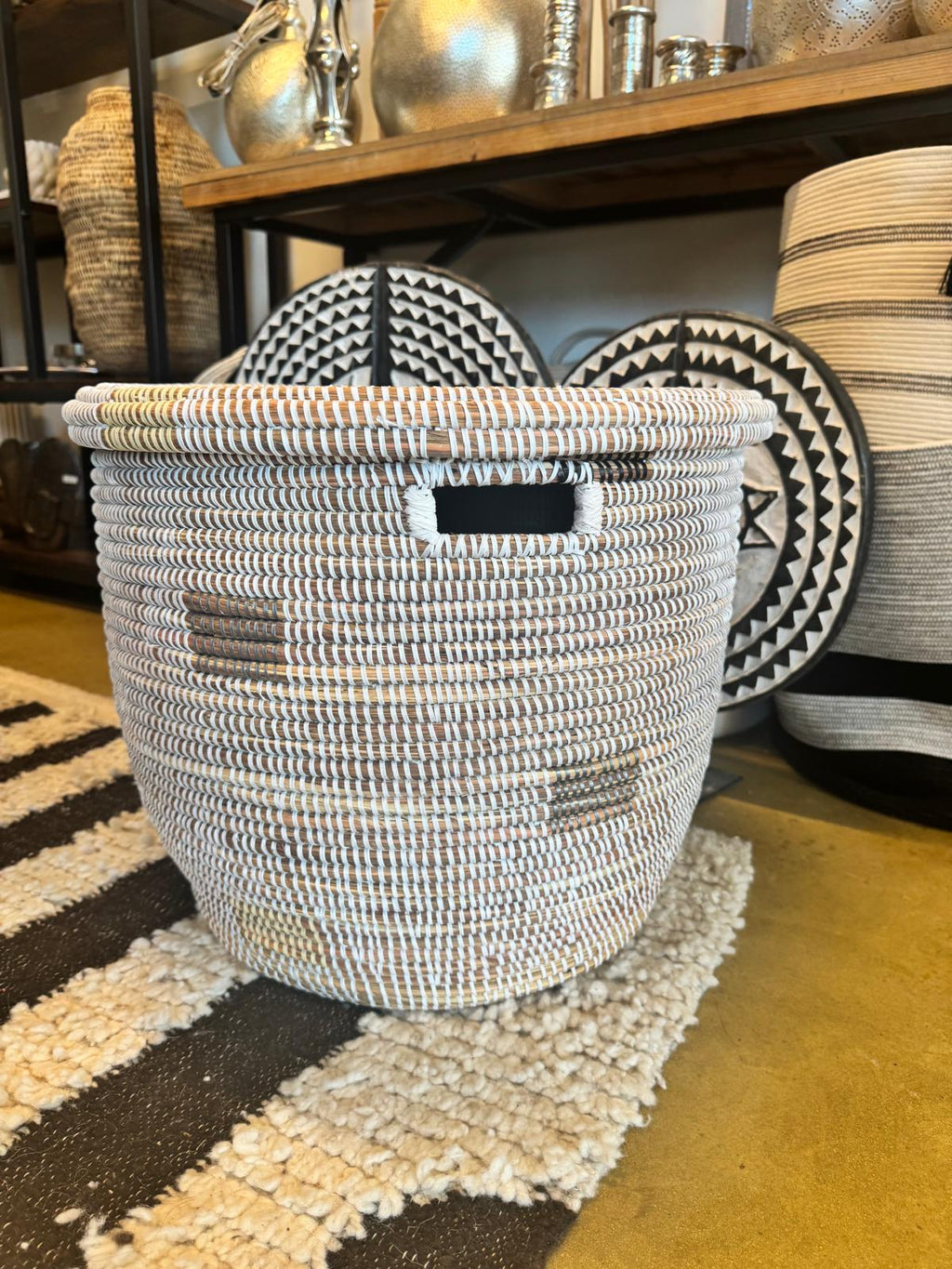 Minimalist White Round Basket with Gray Squares