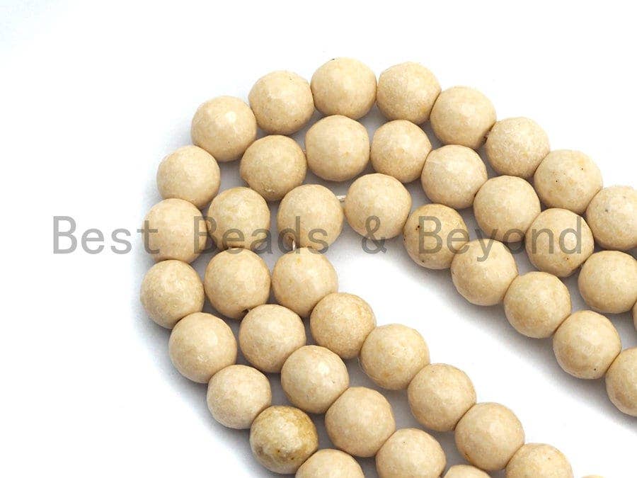 Quality Wood Fossil Faceted Beads, 6mm/8mm/10mm /12mm Cream Round Faceted Beads, Loose Wood Fossil Beads, 15.5inch strand, SKU#U474