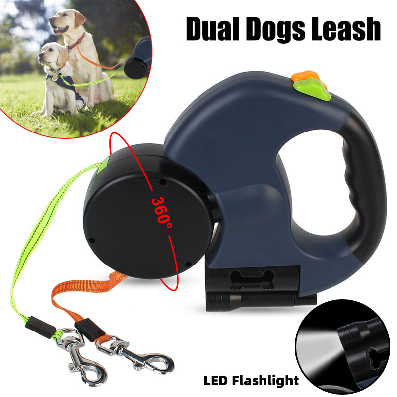 Retractable Dog Leash - Reflective Dual Pet Leash Lead 360 Swivel W/Lights