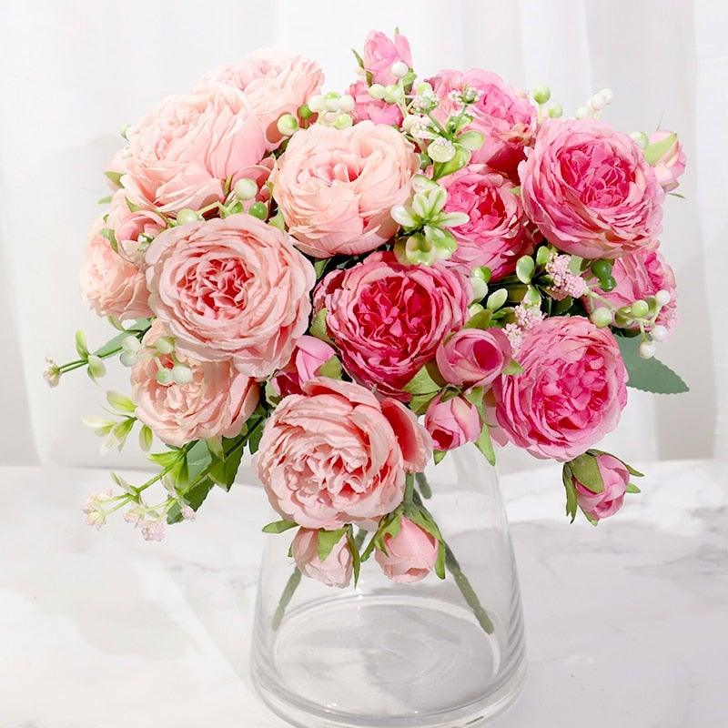 Artificial Rose Flowers Bouquet Pink & White Silk Peony Rose For Home Bridal Wedding