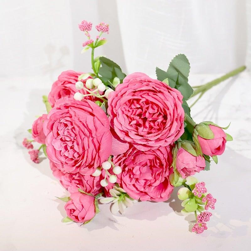 Artificial Rose Flowers Bouquet Pink & White Silk Peony Rose For Home Bridal Wedding