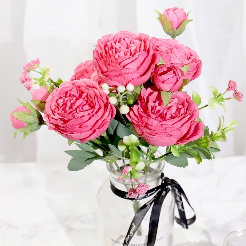 Artificial Rose Flowers Bouquet Pink & White Silk Peony Rose For Home Bridal Wedding