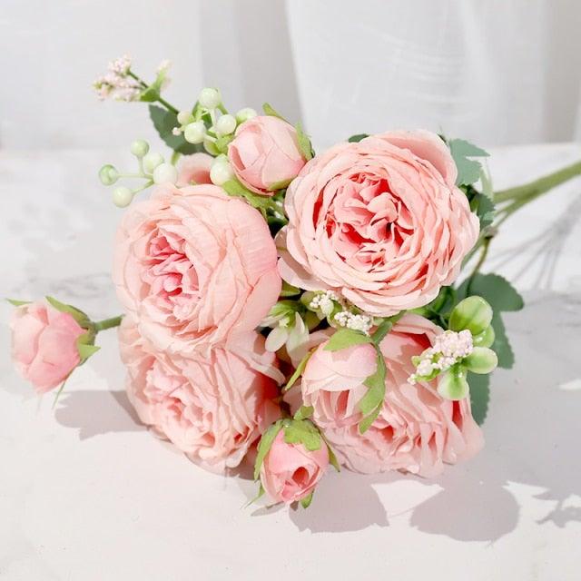 Artificial Rose Flowers Bouquet Pink & White Silk Peony Rose For Home Bridal Wedding