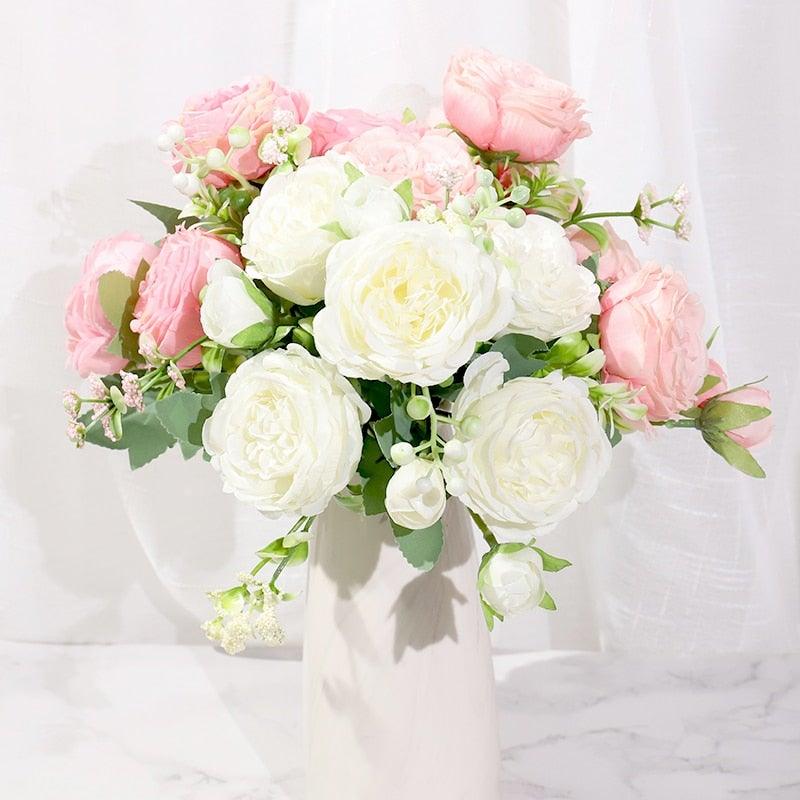 Artificial Rose Flowers Bouquet Pink & White Silk Peony Rose For Home Bridal Wedding