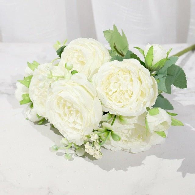 Artificial Rose Flowers Bouquet Pink & White Silk Peony Rose For Home Bridal Wedding