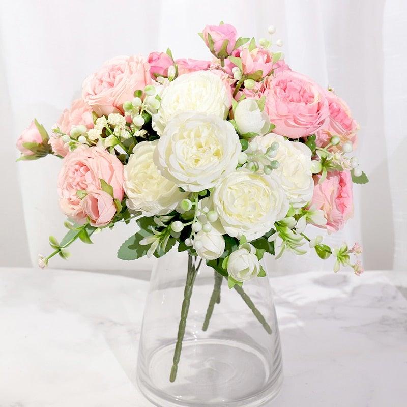 Artificial Rose Flowers Bouquet Pink & White Silk Peony Rose For Home Bridal Wedding