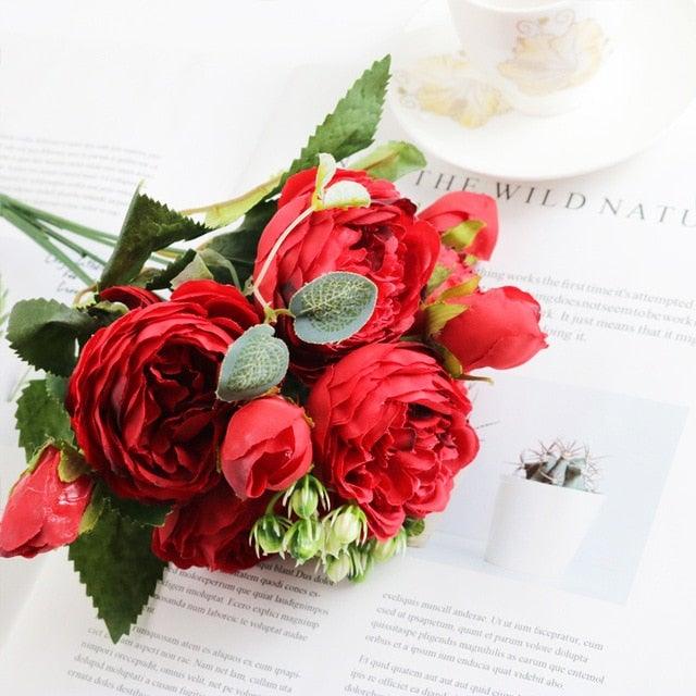 Artificial Silk Roses Peony Bouquet For Home Wedding Scrapbook Decor