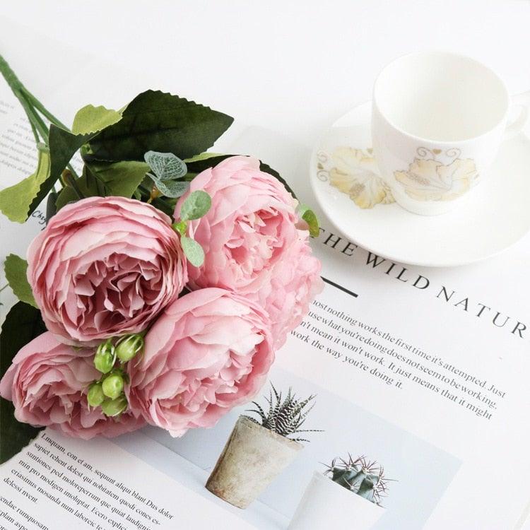 Artificial Silk Roses Peony Bouquet For Home Wedding Scrapbook Decor