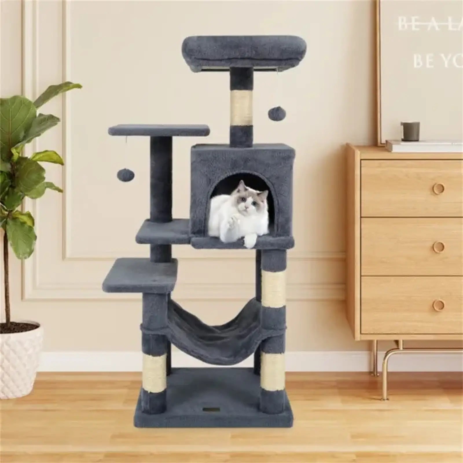 Cat Tree 44 Inch Multi Level Condo with Hammock Gray