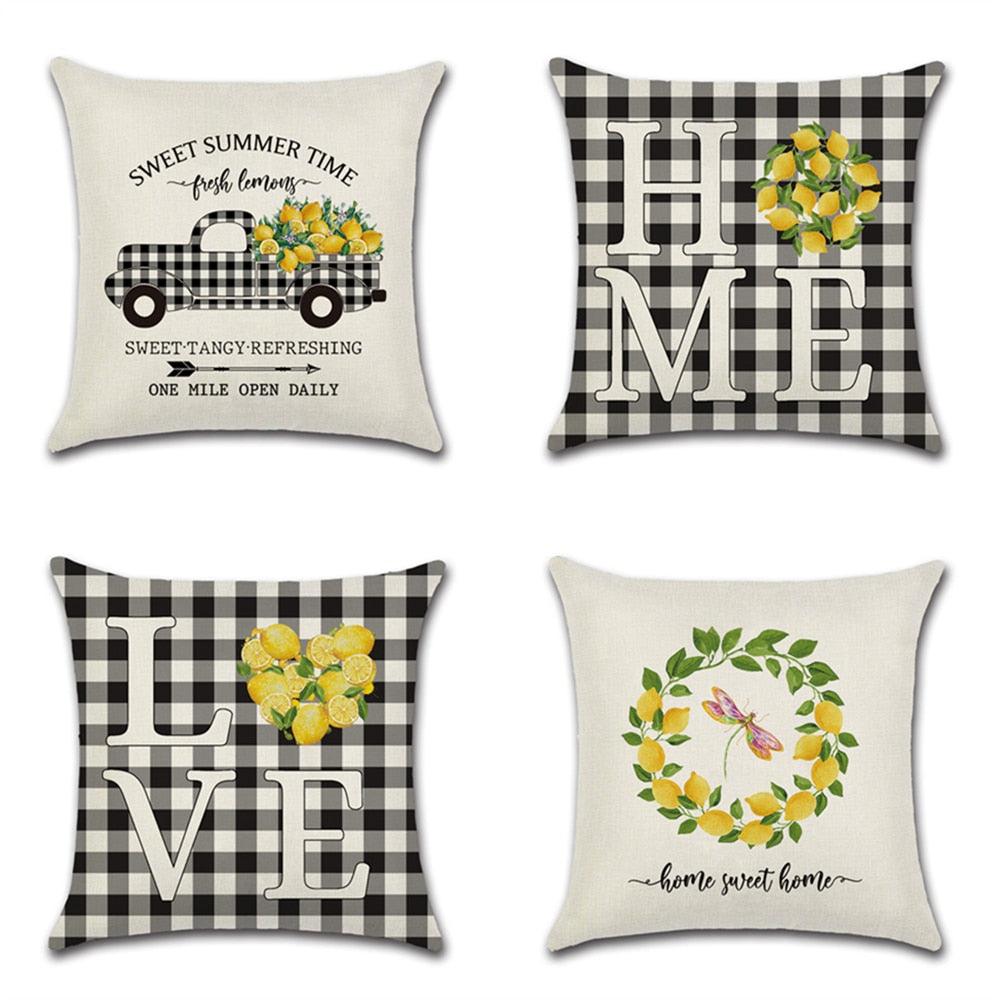 Elegant Linen Cushion Cover Black White Plaid Flower Waterproof Summer Outdoor 45x45CM