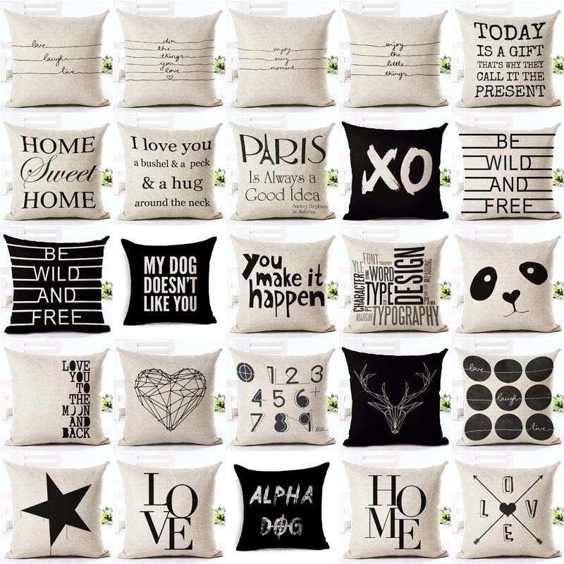 Letter Love Home Cushion Covers Cotton Linen Black White Decorative Pillow Case 45x45CM