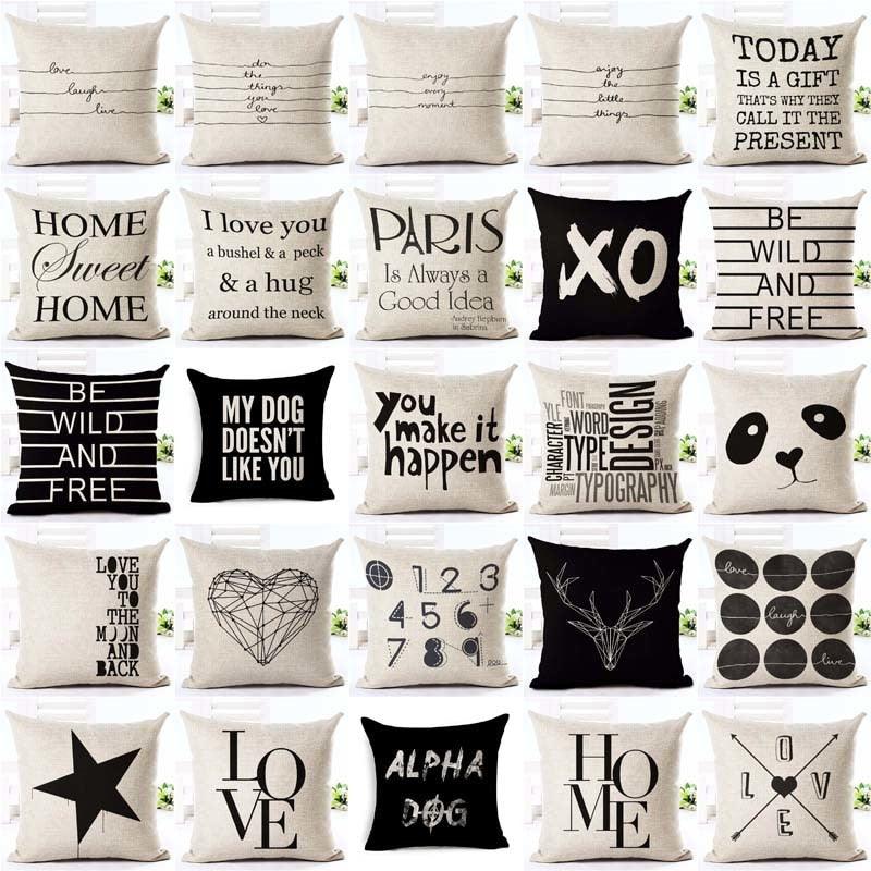 Letter Love Home Cushion Covers Cotton Linen Black White Decorative Pillow Case 45x45CM