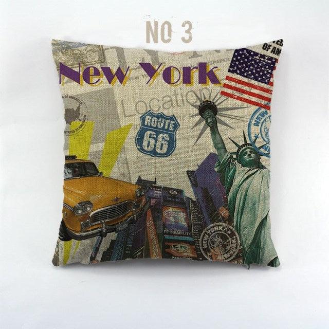 Vintage Style Pillow Covers New York London Paris City 45x45cm