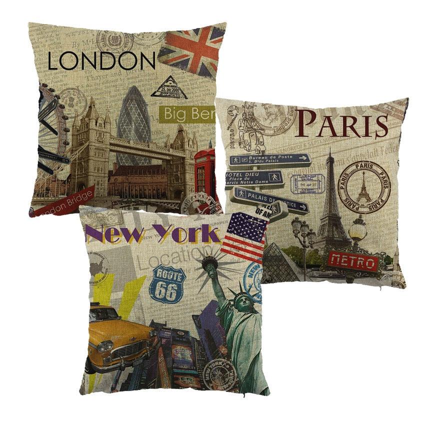 Vintage Style Pillow Covers New York London Paris City 45x45cm