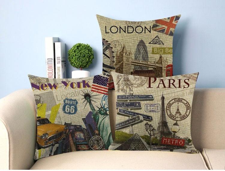 Vintage Style Pillow Covers New York London Paris City 45x45cm